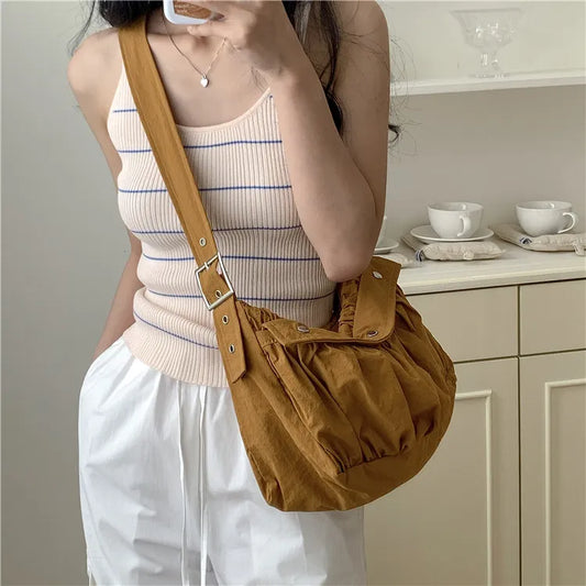 ijili Female High Capacity Shoulder Bag Nylon Large Dumpling Bags Pleated Shoulder Strap Handbags Ruched Trendy Purse With Zipper