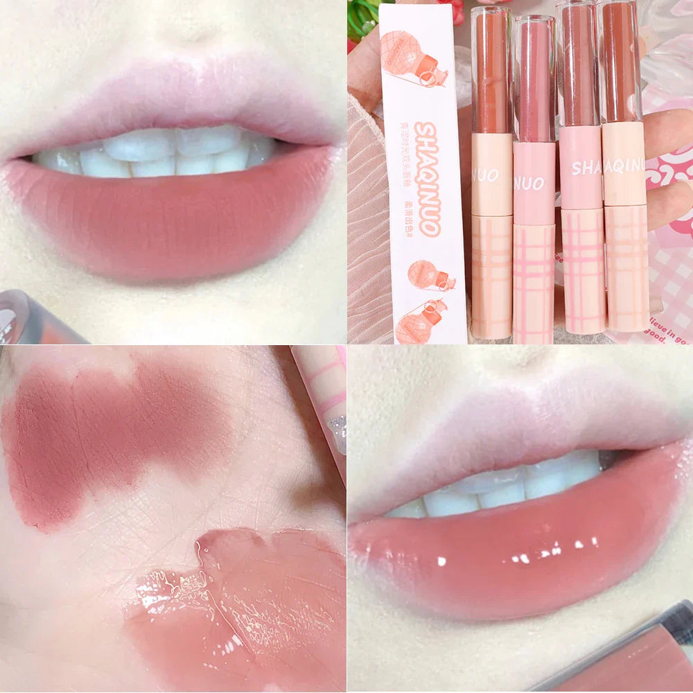 Double Head Matte Mirror Lip Gloss Long Lasting Moisturizing Water Light Sexy Red Brown Tint Liquid Lipstick Lip Makeup Cosmetic