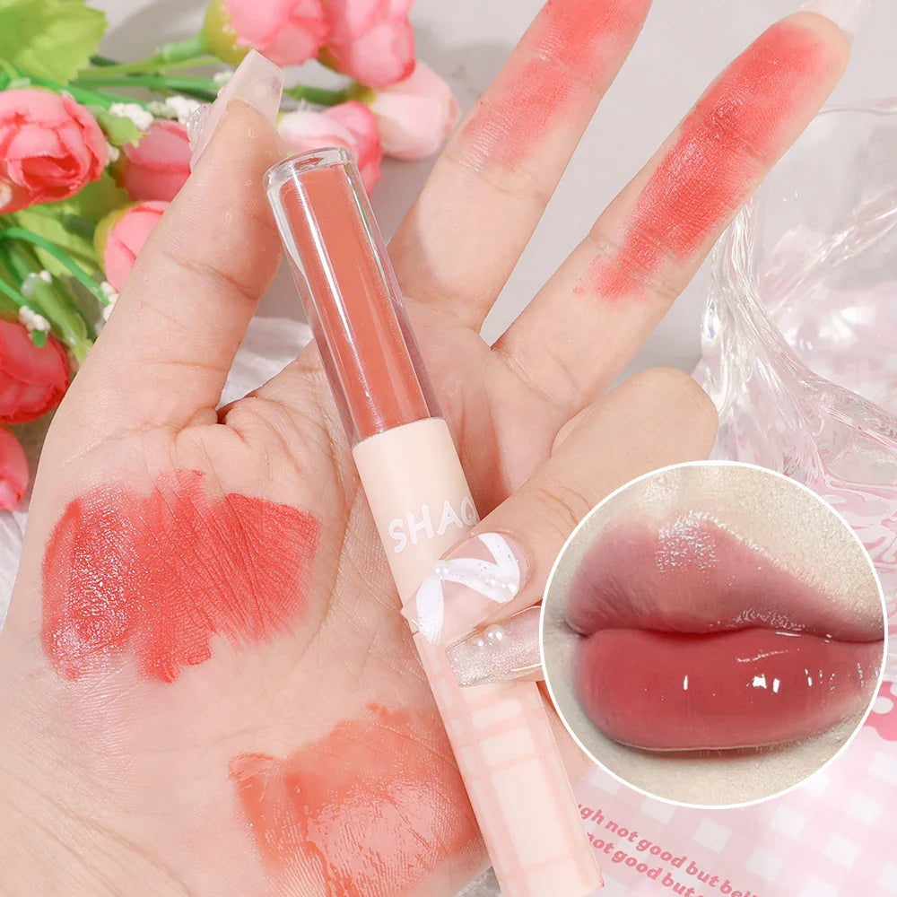 Double Head Matte Mirror Lip Gloss Long Lasting Moisturizing Water Light Sexy Red Brown Tint Liquid Lipstick Lip Makeup Cosmetic