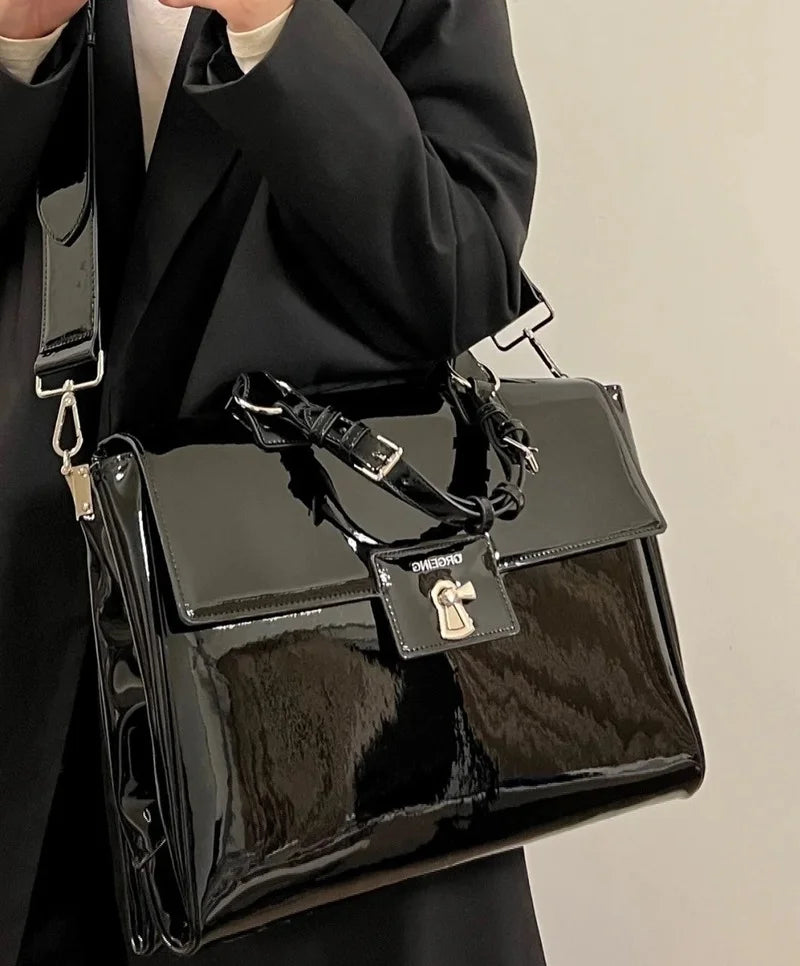 ijili Cool Black Patent Leather Briefcase Bag for Women Large Capacity Office Lady Business Commuter Bag Female Shoulder Bag Book Bags