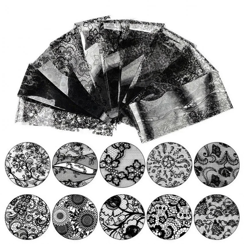 16Pcs White Black Nail Sticker Set Flower Lace Hollow Foil Transfer Decals Wraps DIY Nail Art Decoration Manicure Accessories