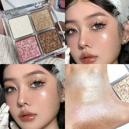 ijili  -  Diamond Pink Highlighter Powder Palette 4 Colors Glow Face Contour Illuminator Shimmer Highlight Eyeshadow Face Makeup Cosmetics