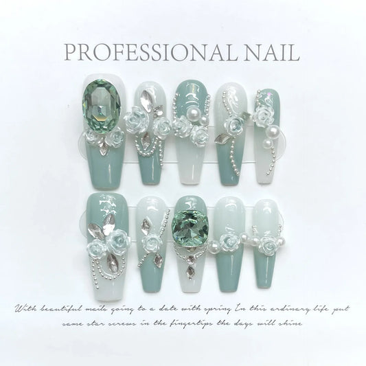 ijili  10PCS Handmade green full diamond camellia gradient chain Fake Press on Nails Full Cover Wearable Ballerina Artificial Nail Tips