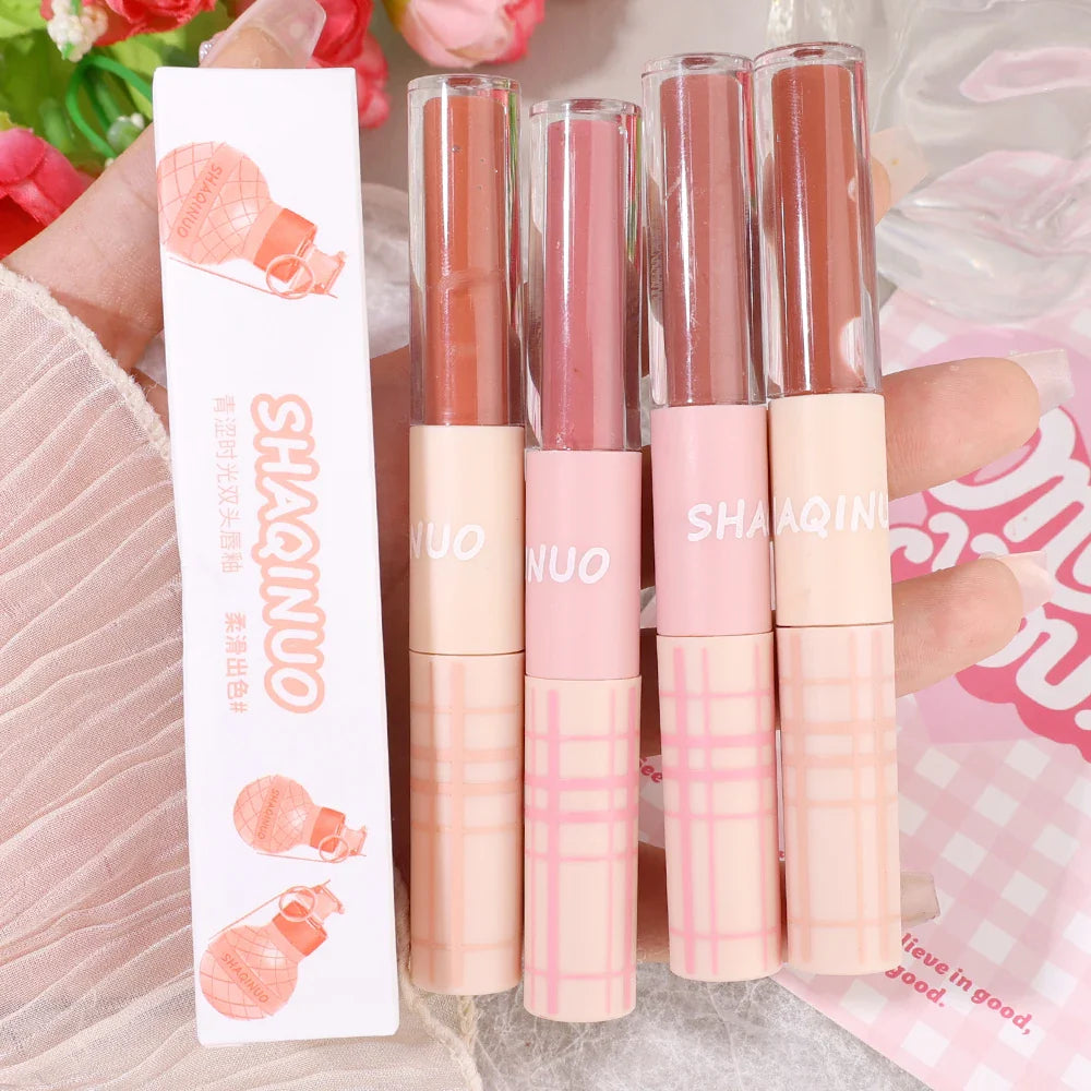 Double Head Matte Mirror Lip Gloss Long Lasting Moisturizing Water Light Sexy Red Brown Tint Liquid Lipstick Lip Makeup Cosmetic