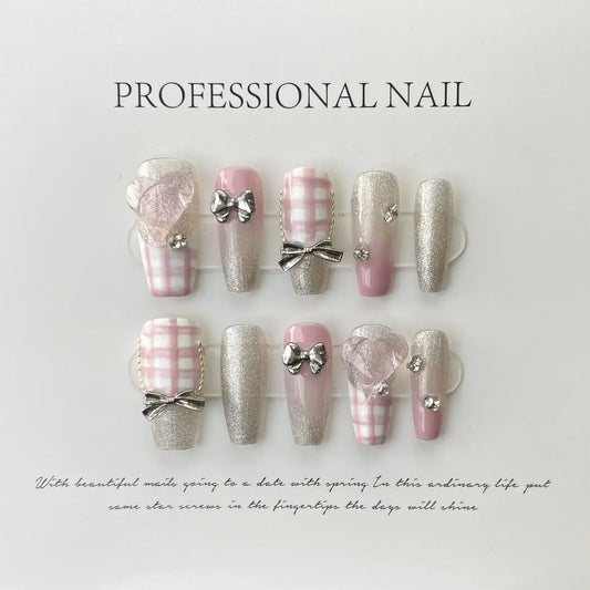 ijili  10pcs Handmade Anime Fake Press On Nails Professional Full Cover Japanese Decorated Manicuree With Bow Tie Wearable Nail Art Tip