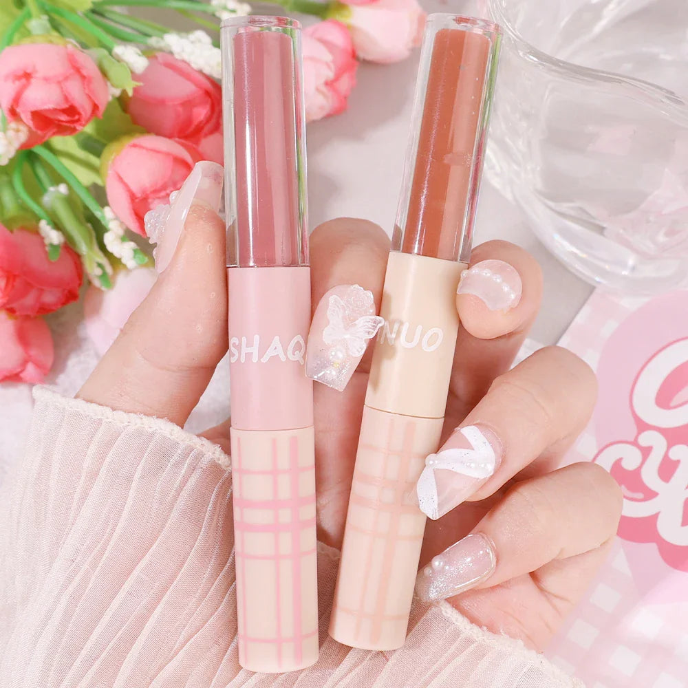 Double Head Matte Mirror Lip Gloss Long Lasting Moisturizing Water Light Sexy Red Brown Tint Liquid Lipstick Lip Makeup Cosmetic