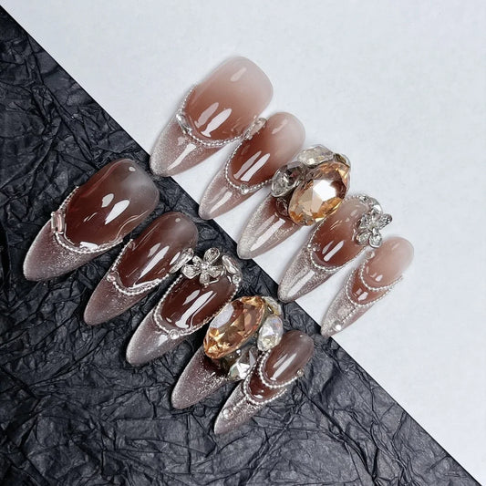 ijili -  Deep Autumn Latte Heavy Duty Coffee Color Gradient Fingertip French Cat Eye Colorful Diamond Handmade Press On Nails