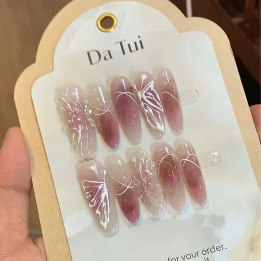 ijili 10pc Press on Acrylic Nails Almond Gradient Pink False Nails with Glue Stick on Nails with Designs Rhinestone Handmade Fake Nail