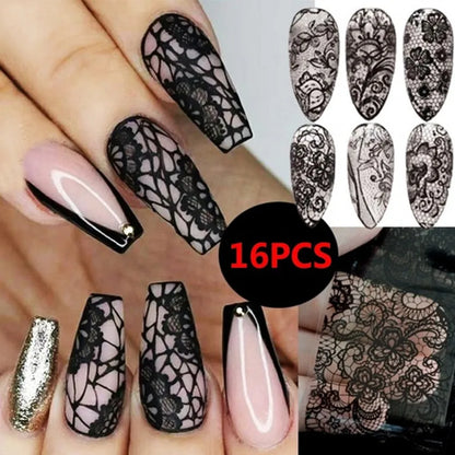 16Pcs White Black Nail Sticker Set Flower Lace Hollow Foil Transfer Decals Wraps DIY Nail Art Decoration Manicure Accessories