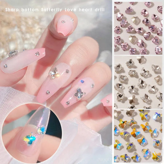 ijili 10pcs Crystal Nail Art Rhinestone Sharp Bottom Butterfly Aurora Love Heart Nail Drill DIY Nail Art Decoration Clear Colorful