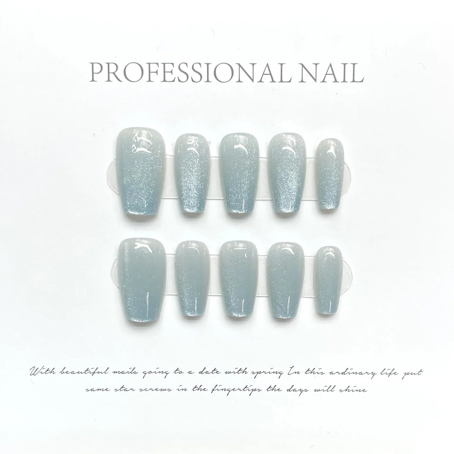 10pcs sea salt ice blue cat eye handmade wearable false nails with glue full cover fake nails press on glitter stick on nails