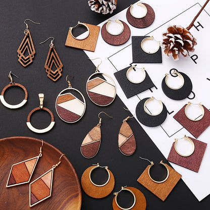 17KM Vintage Elegant Natural Wood Dangel Earrings For Women Fashion Bohemian Gold Geometric Splicing Hollow Drop Earring Jewelry