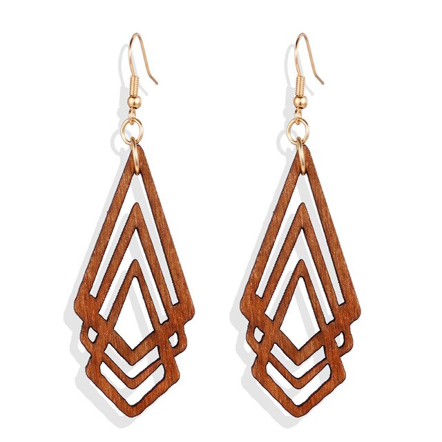 17KM Vintage Elegant Natural Wood Dangel Earrings For Women Fashion Bohemian Gold Geometric Splicing Hollow Drop Earring Jewelry