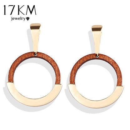 17KM Vintage Elegant Natural Wood Dangel Earrings For Women Fashion Bohemian Gold Geometric Splicing Hollow Drop Earring Jewelry