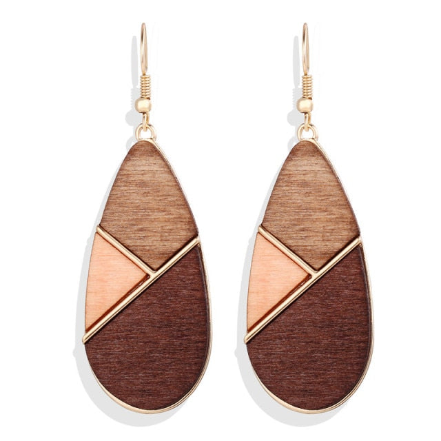 17KM Vintage Elegant Natural Wood Dangel Earrings For Women Fashion Bohemian Gold Geometric Splicing Hollow Drop Earring Jewelry