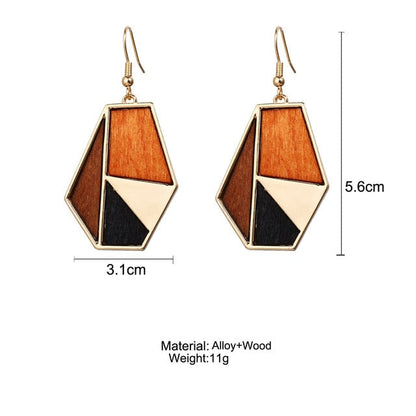 17KM Vintage Elegant Natural Wood Dangel Earrings For Women Fashion Bohemian Gold Geometric Splicing Hollow Drop Earring Jewelry