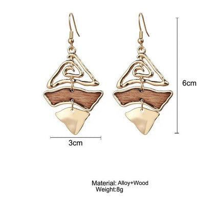 17KM Vintage Elegant Natural Wood Dangel Earrings For Women Fashion Bohemian Gold Geometric Splicing Hollow Drop Earring Jewelry