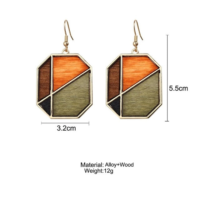 17KM Vintage Elegant Natural Wood Dangel Earrings For Women Fashion Bohemian Gold Geometric Splicing Hollow Drop Earring Jewelry