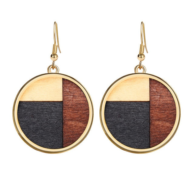 17KM Vintage Elegant Natural Wood Dangel Earrings For Women Fashion Bohemian Gold Geometric Splicing Hollow Drop Earring Jewelry