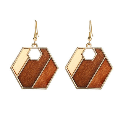 17KM Vintage Elegant Natural Wood Dangel Earrings For Women Fashion Bohemian Gold Geometric Splicing Hollow Drop Earring Jewelry