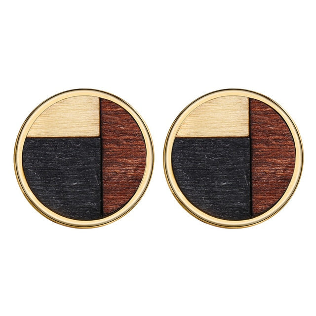 17KM Vintage Elegant Natural Wood Dangel Earrings For Women Fashion Bohemian Gold Geometric Splicing Hollow Drop Earring Jewelry