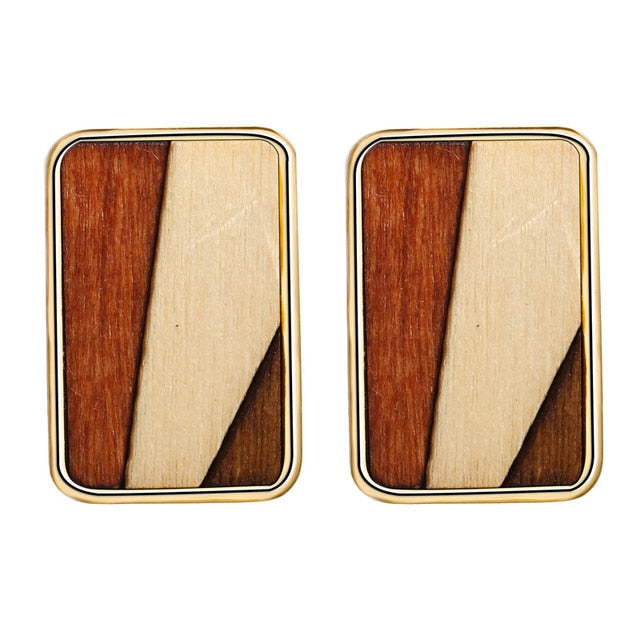 17KM Vintage Elegant Natural Wood Dangel Earrings For Women Fashion Bohemian Gold Geometric Splicing Hollow Drop Earring Jewelry