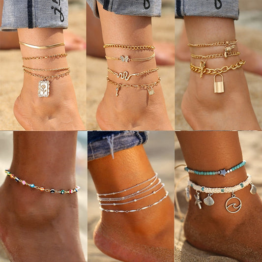 17KM Punk Multilayered Lock Snake Chain Anklet For Women  Trend Gold Butterfly Shell Anklets Foot Bracelet Beach Jewelry