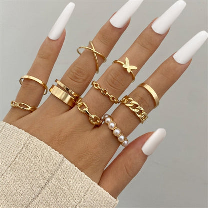 17KM Punk Retro Gold Silver Color Animal Snake Rings Set for Women Gothic Black Square Butterfly Chain Ring Jewelry