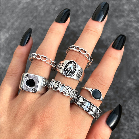 17KM Punk Retro Gold Silver Color Animal Snake Rings Set for Women Gothic Black Square Butterfly Chain Ring Jewelry