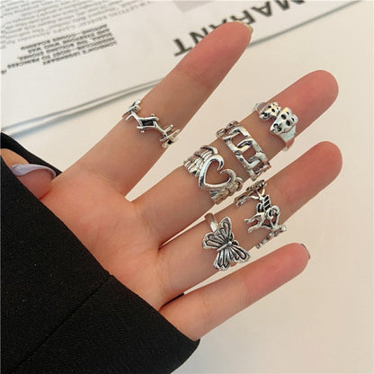 17KM Punk Retro Gold Silver Color Animal Snake Rings Set for Women Gothic Black Square Butterfly Chain Ring Jewelry