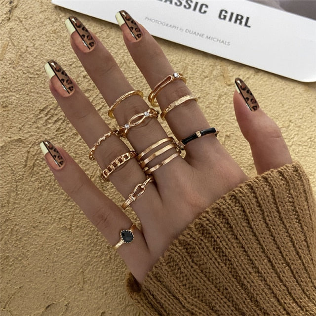 17KM Punk Retro Gold Silver Color Animal Snake Rings Set for Women Gothic Black Square Butterfly Chain Ring Jewelry