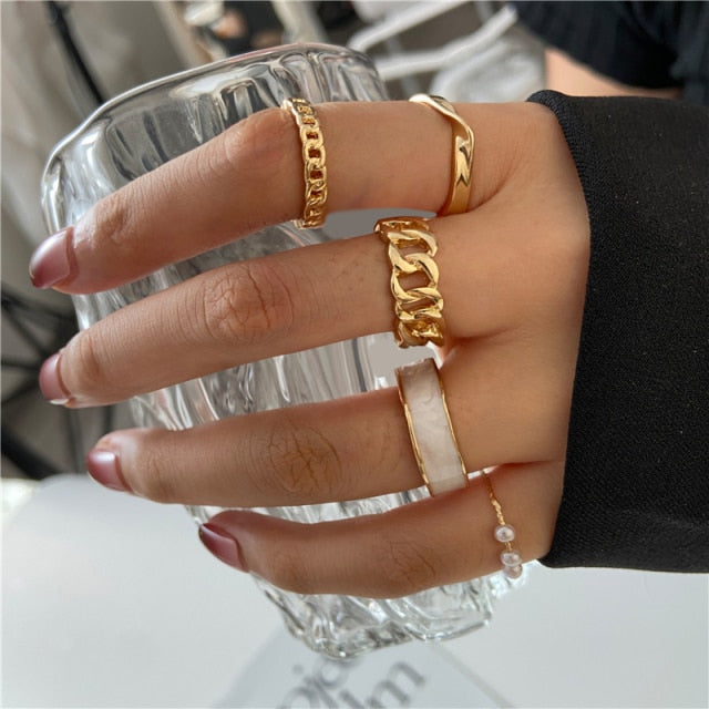 17KM Punk Retro Gold Silver Color Animal Snake Rings Set for Women Gothic Black Square Butterfly Chain Ring Jewelry