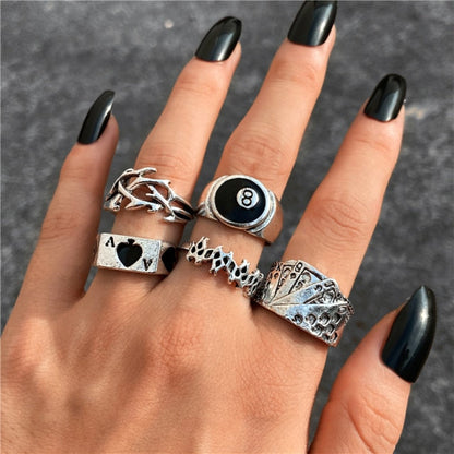 17KM Punk Retro Gold Silver Color Animal Snake Rings Set for Women Gothic Black Square Butterfly Chain Ring Jewelry