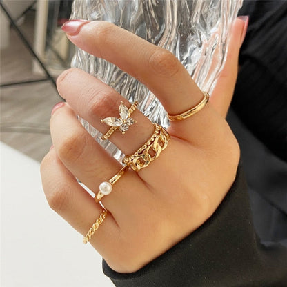 17KM Punk Retro Gold Silver Color Animal Snake Rings Set for Women Gothic Black Square Butterfly Chain Ring Jewelry