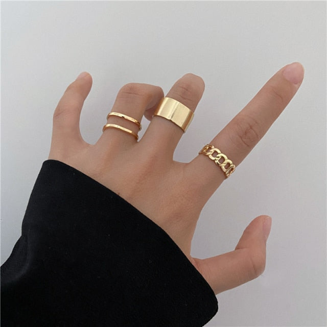 17KM Punk Retro Gold Silver Color Animal Snake Rings Set for Women Gothic Black Square Butterfly Chain Ring Jewelry