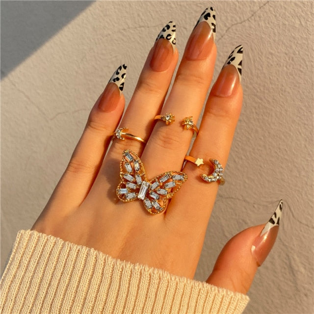 17KM Punk Retro Gold Silver Color Animal Snake Rings Set for Women Gothic Black Square Butterfly Chain Ring Jewelry