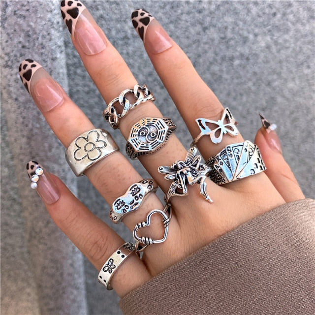 17KM Punk Retro Gold Silver Color Animal Snake Rings Set for Women Gothic Black Square Butterfly Chain Ring Jewelry