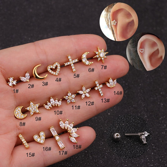 1Piece Stainless Steel 1.2mm Safety Pin Piercing Stud Earrings for Women  Jewelry Heart Moon Star Flower Earrings for Teens