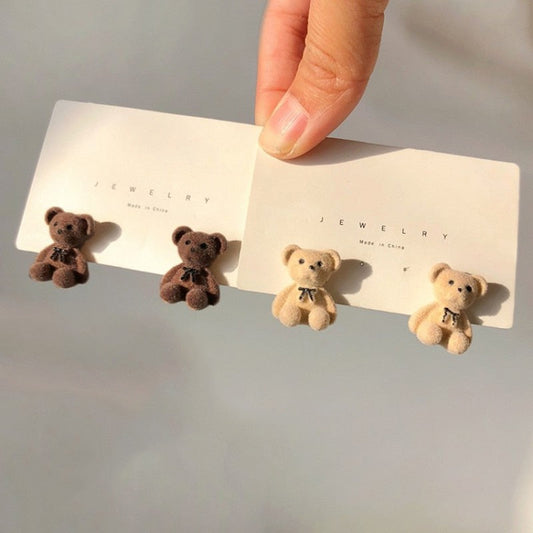 1Pair Small Plush Bear Stud Earrings Cute Bears Brown Flocking Animal Earring For Women Girls Ear Studs Jewelry Gifts